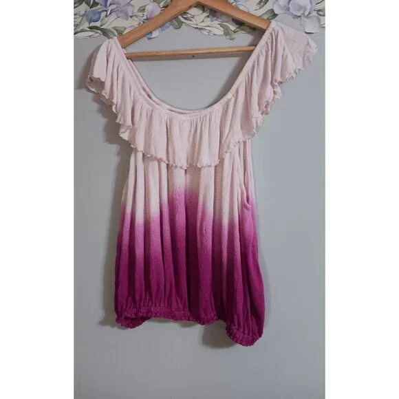 Free People Large Ombre Cora Lee Off The Shoulder Boho Beach Pink Classic Top - Picture 4 of 5
